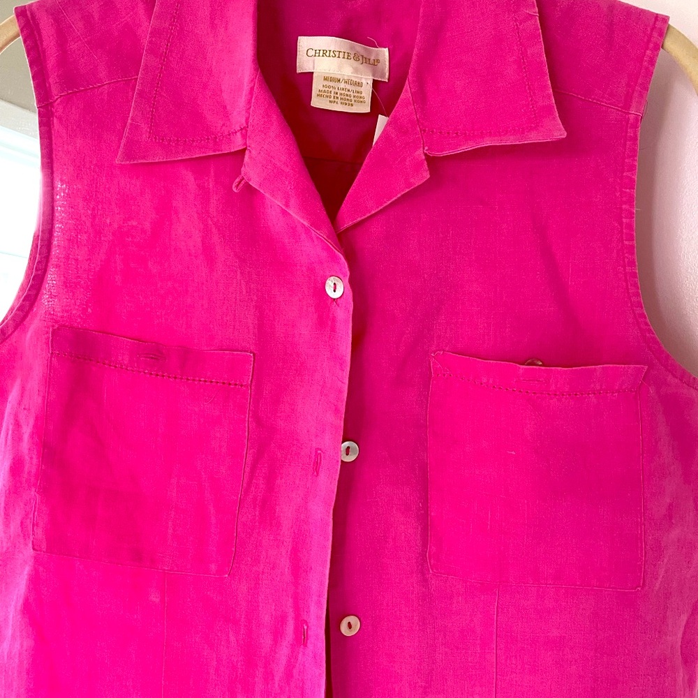 100%linen Christie and Jill fuchsia button down. Made in Hong Kong